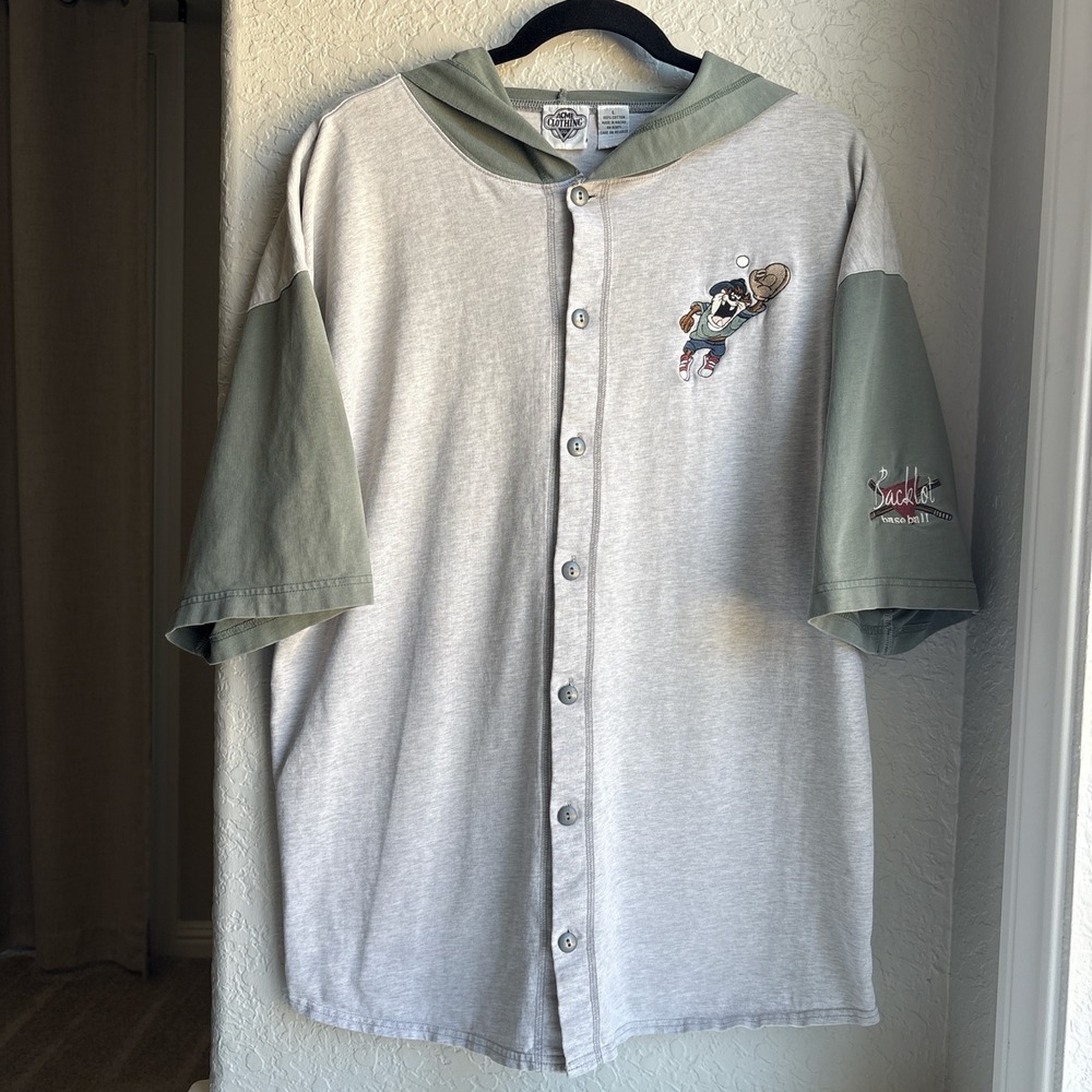 Mens L Vintage 90s Shirt Looney Tunes Taz Gray Raglan Sleeve Hooded Button